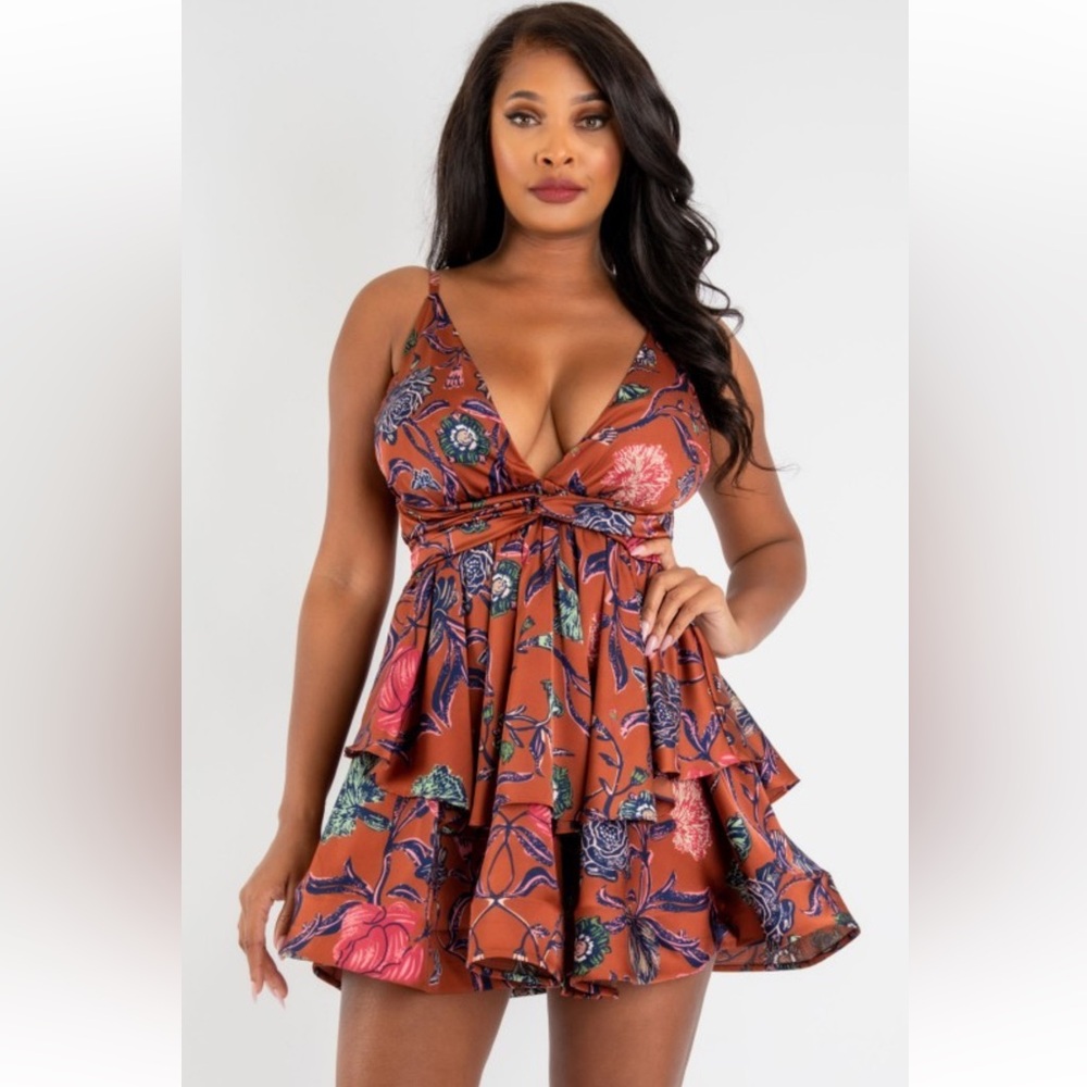 ON SALE 305: Floral Flutter Hem Rust Dress